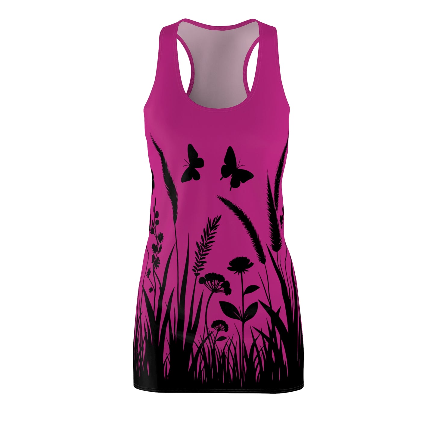 Pinkes Naturmuster Racerback Kleid – Schmetterling & Blumen Design