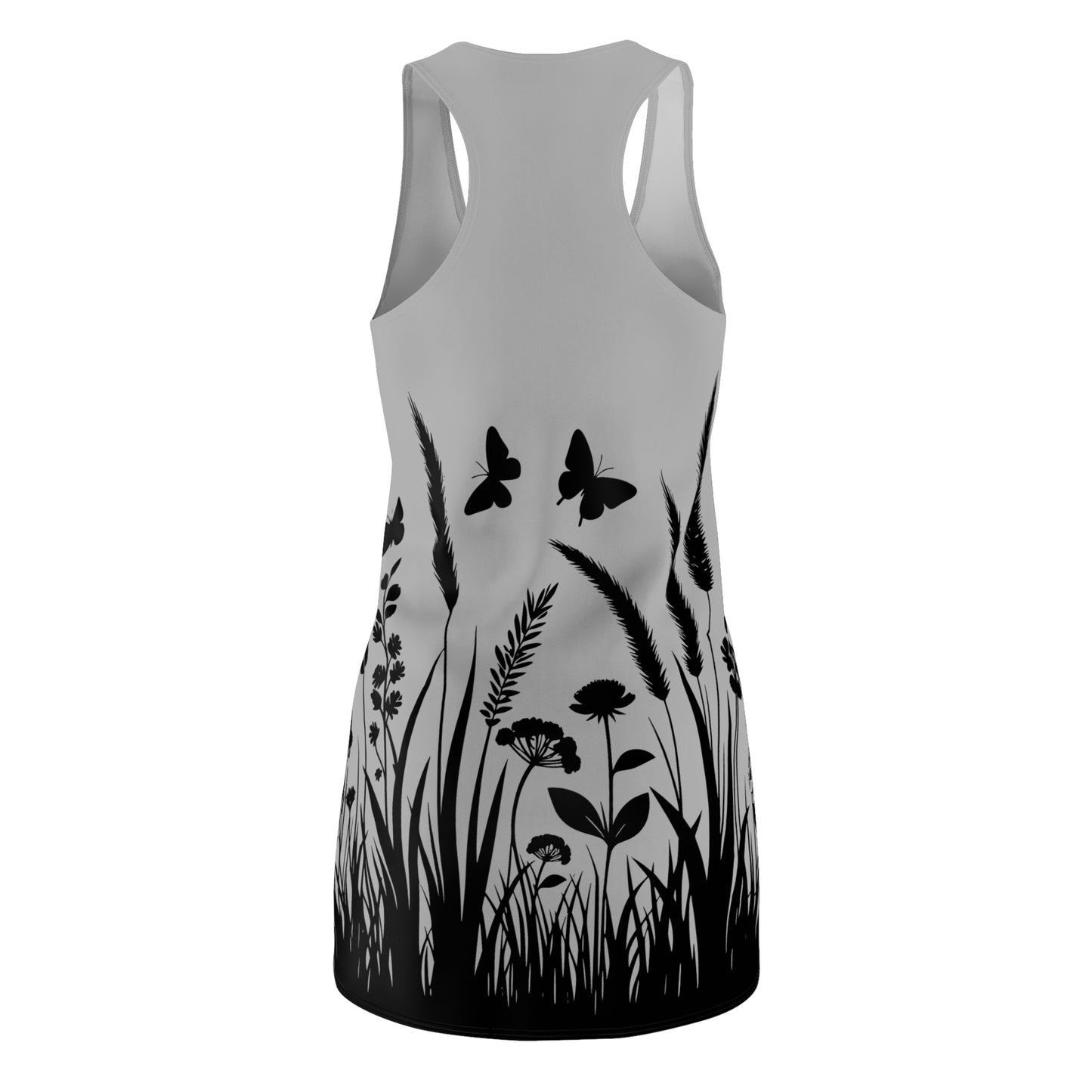 Graues Naturmuster Racerback Kleid – Schmetterling & Blumen Design