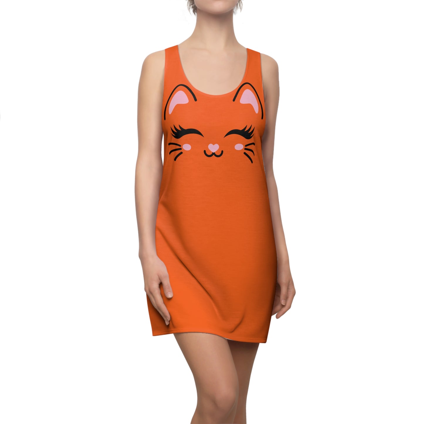 Racerback Kleid mit Cute Katzenmotiv in Orange