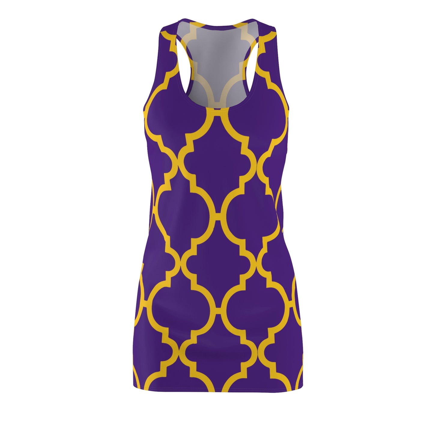 Violettes Racerback Kleid mit gelbem Ornamentmuster
