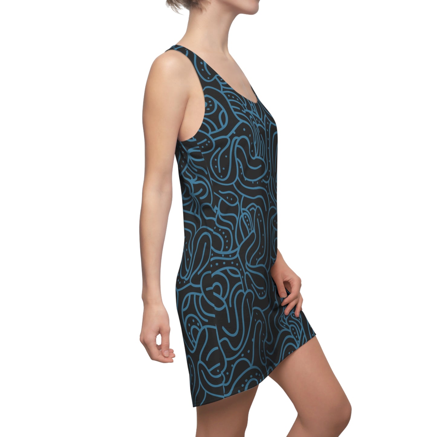 Racerback Kleid Blau Schwarz – Modernes Wellenmuster