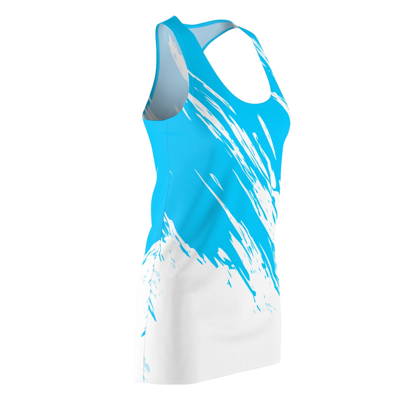 Weiss-Türkis Racerback Kleid mit abstraktem Pinselprint