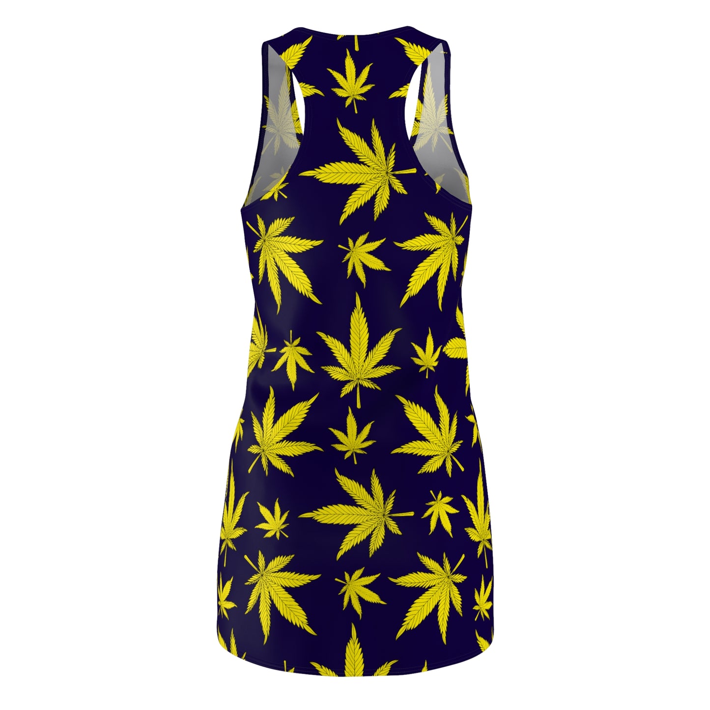 Damen Racerback Kleid Dunkelblau mit Gelben Cannabis Blättern – Sommerkleid