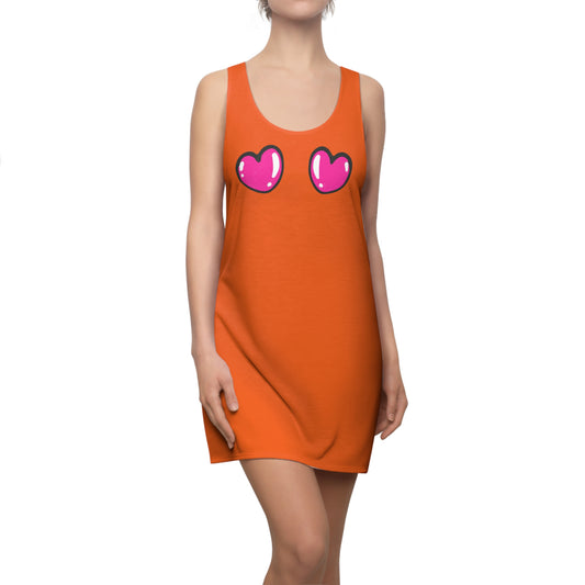 Oranges Racerback Kleid mit pinken Comic Herzen