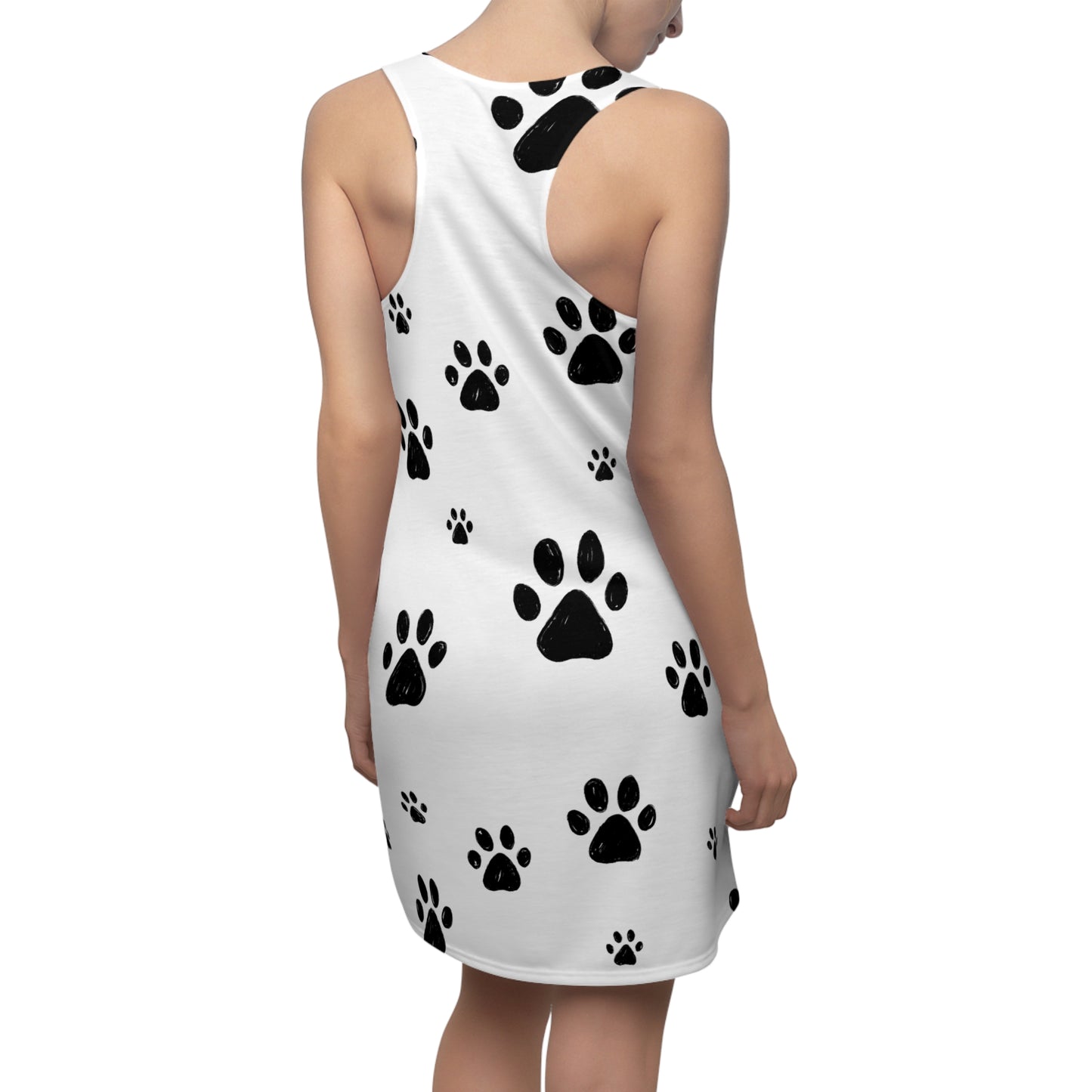 Weißes Racerback Kleid mit schwarzen Pfotenabdrücken