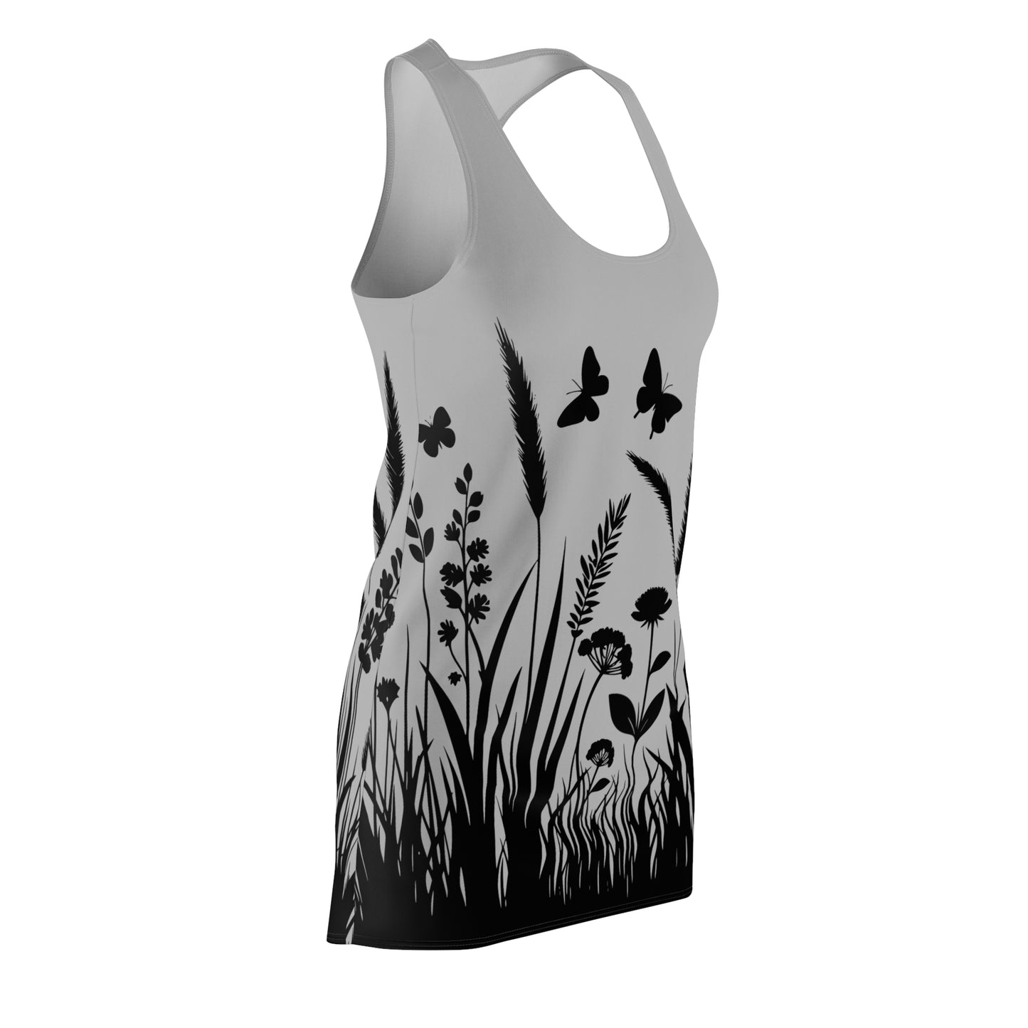 Graues Naturmuster Racerback Kleid – Schmetterling & Blumen Design