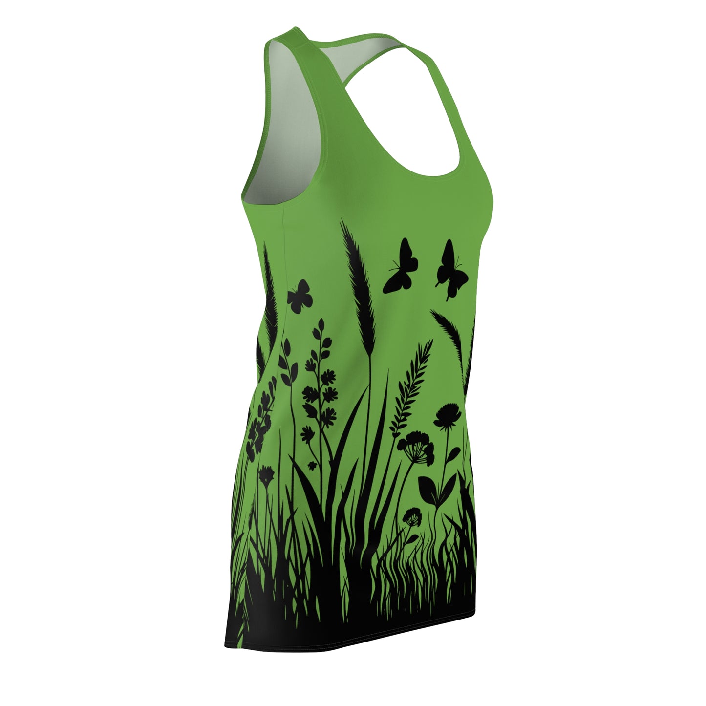 Grünes Naturmuster Racerback Kleid – Schmetterling & Blumen Design