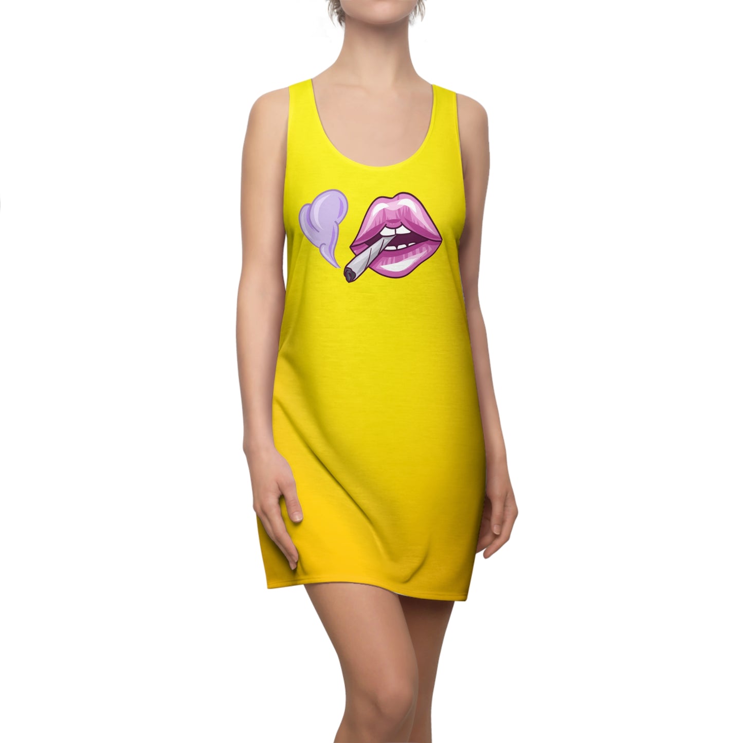 Gelbes Racerback Kleid mit Lippen Joint Print – Trendy Marihuana Sommerkleid