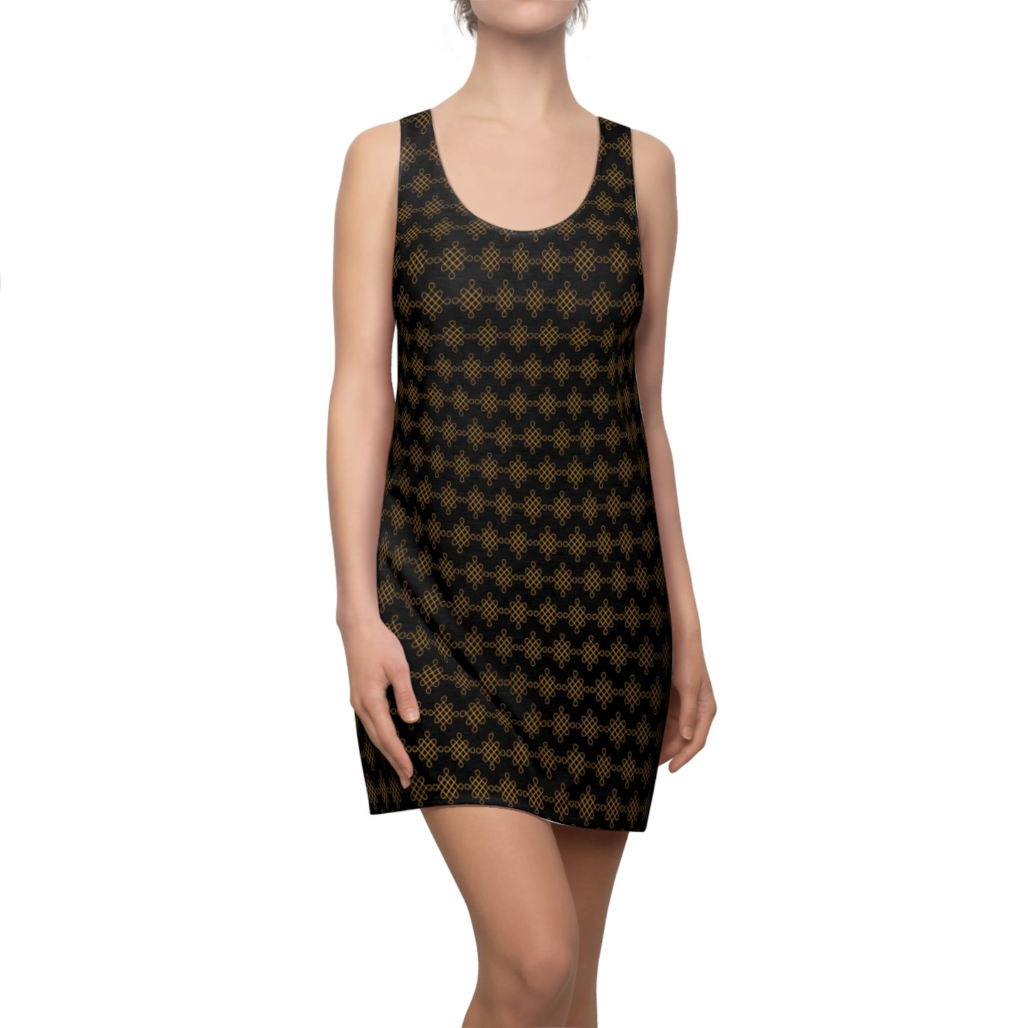 Schwarzes Damen Sommerkleid mit goldenem Muster