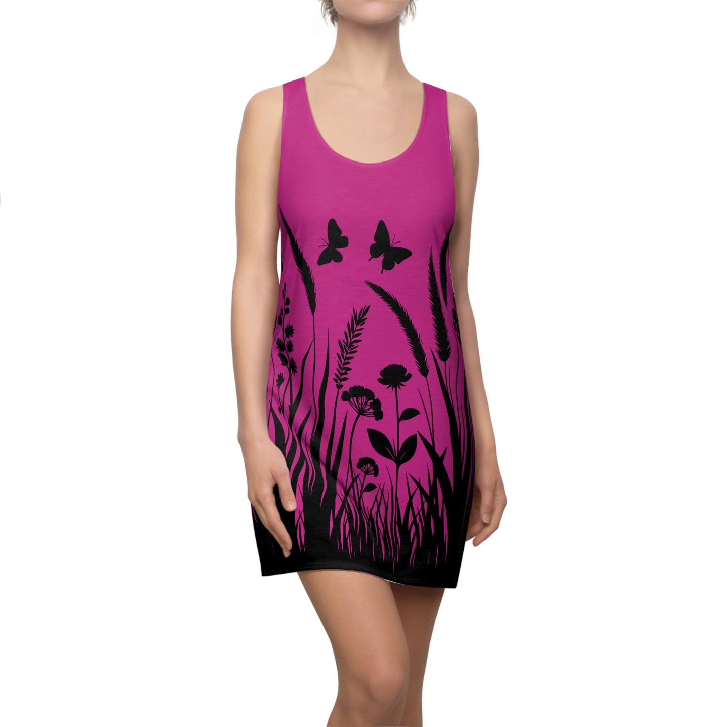 Pinkes Naturmuster Racerback Kleid – Schmetterling & Blumen Design