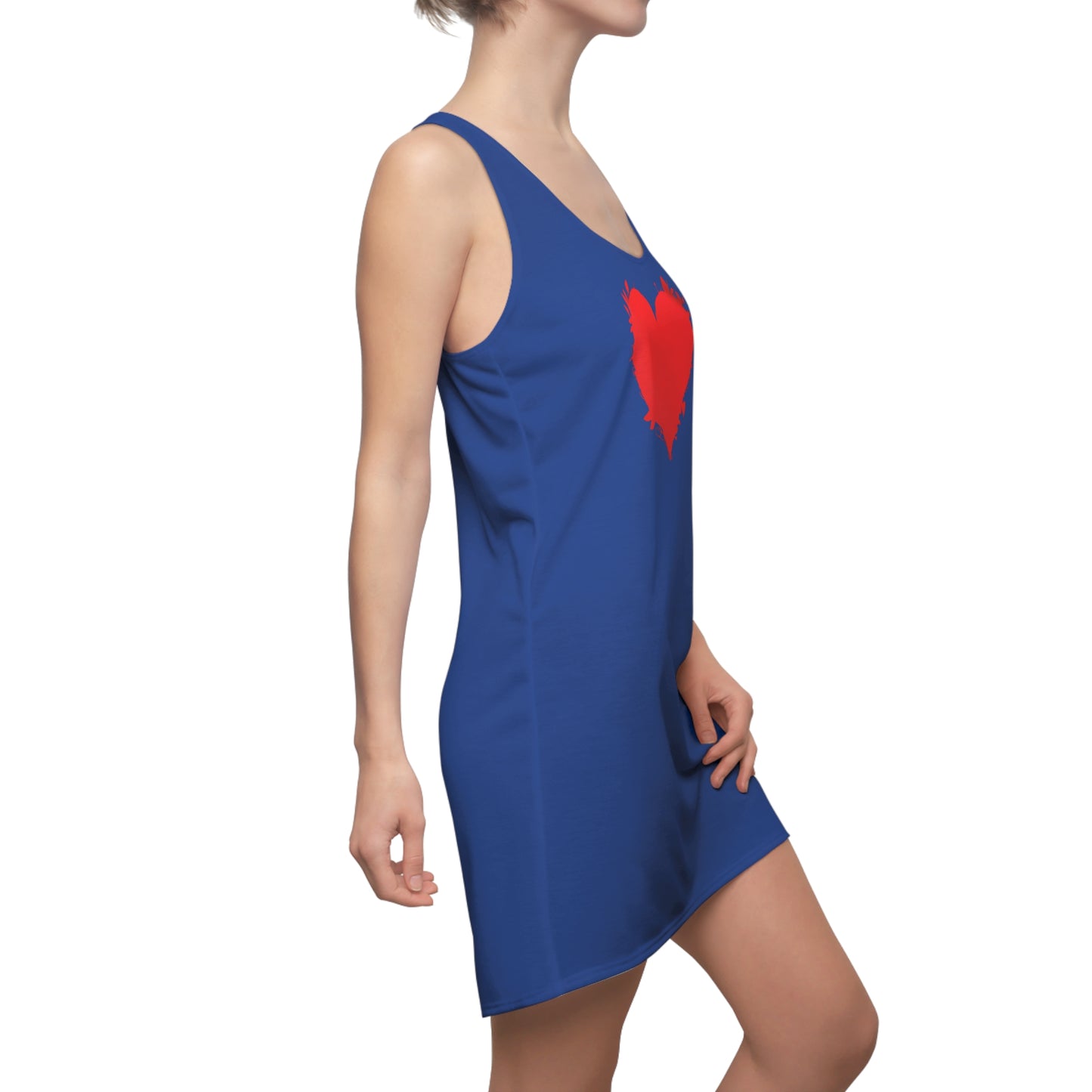 Blaues Racerback Kleid mit rotem Herzmotiv – Minimal Design