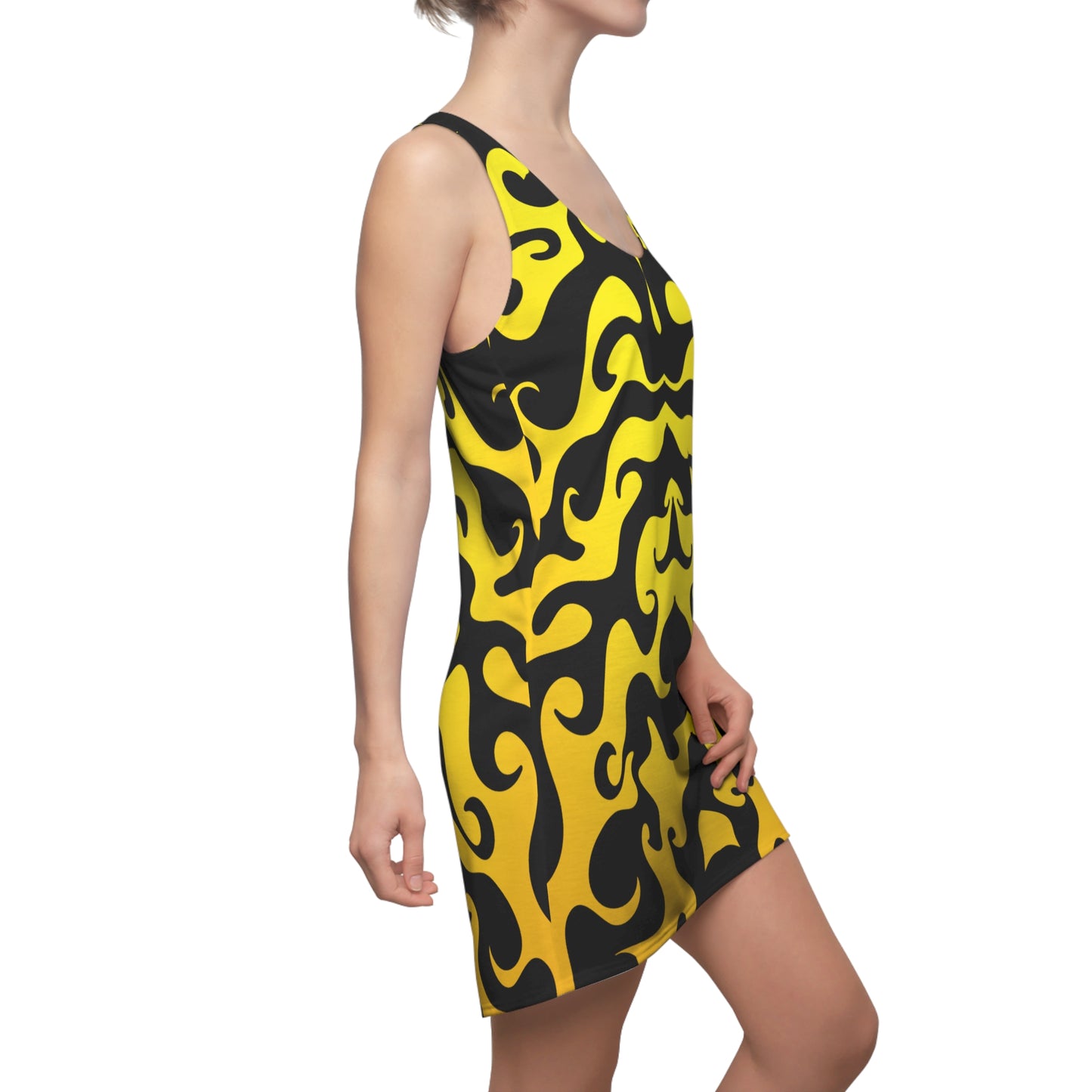 Racerback Kleid mit grafischem Ornamentmuster in Gelb-Schwarz