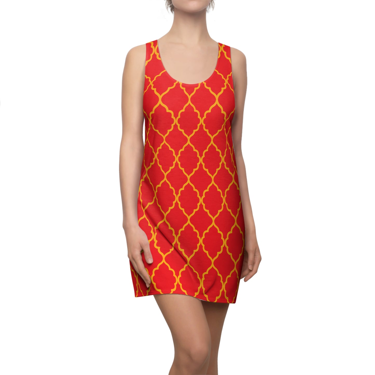 Rotes Racerback Kleid mit goldenem Ornamentmuster