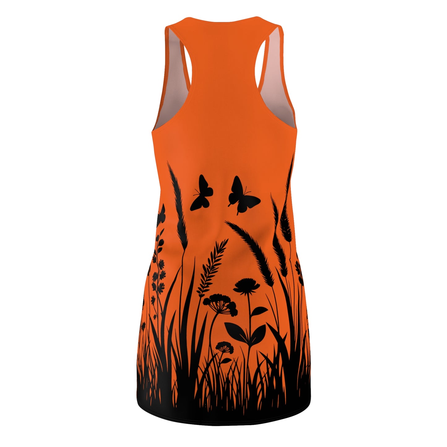 Oranges Naturmuster Racerback Kleid – Schmetterling & Blumen Design