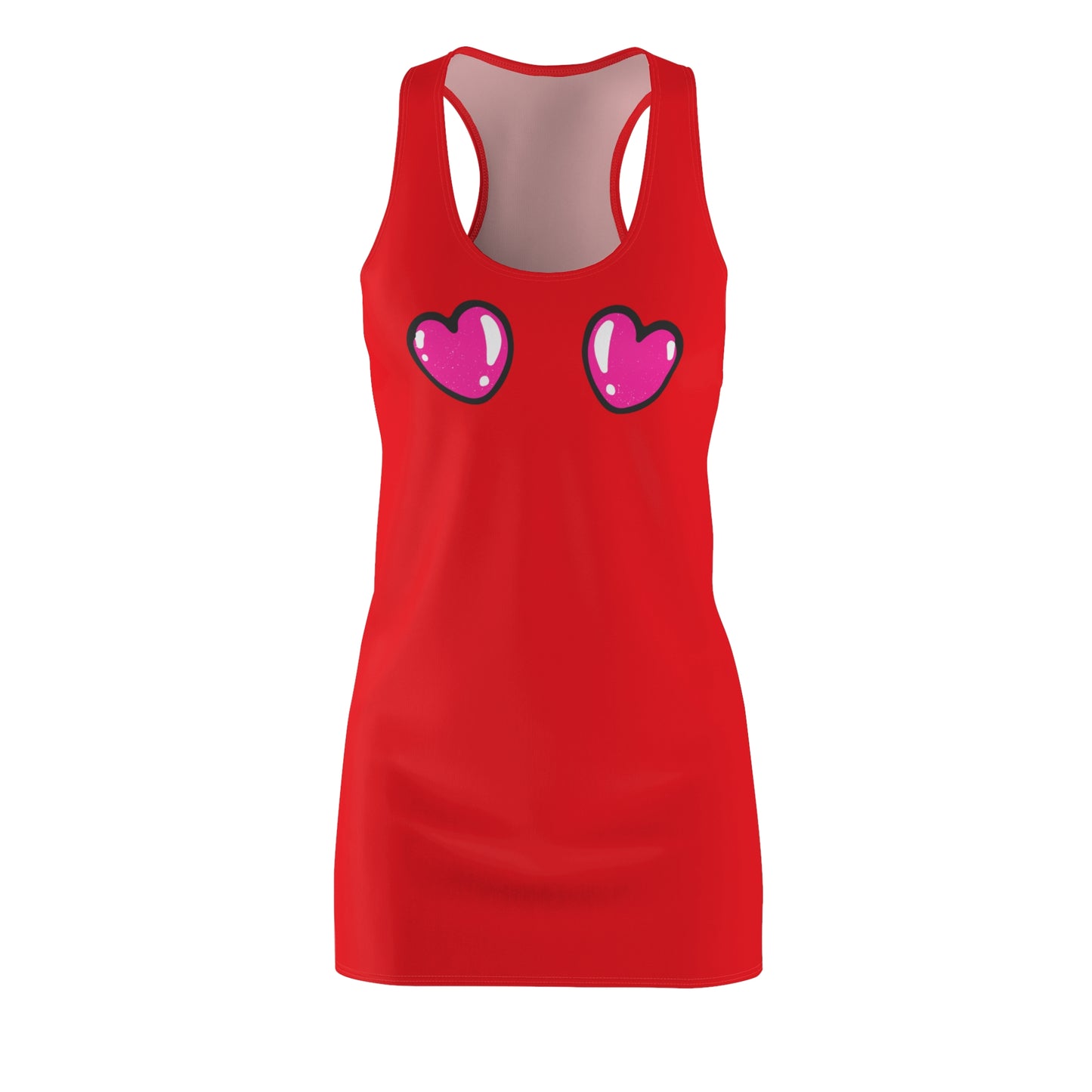 Rotes Racerback Kleid mit pinken Comic Herzen