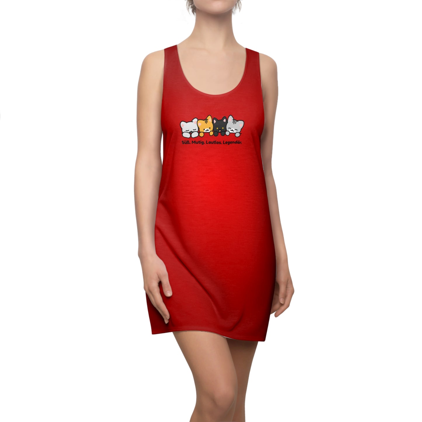 Rotes Racerback Kleid mit Katzen Motiv und Statement Print