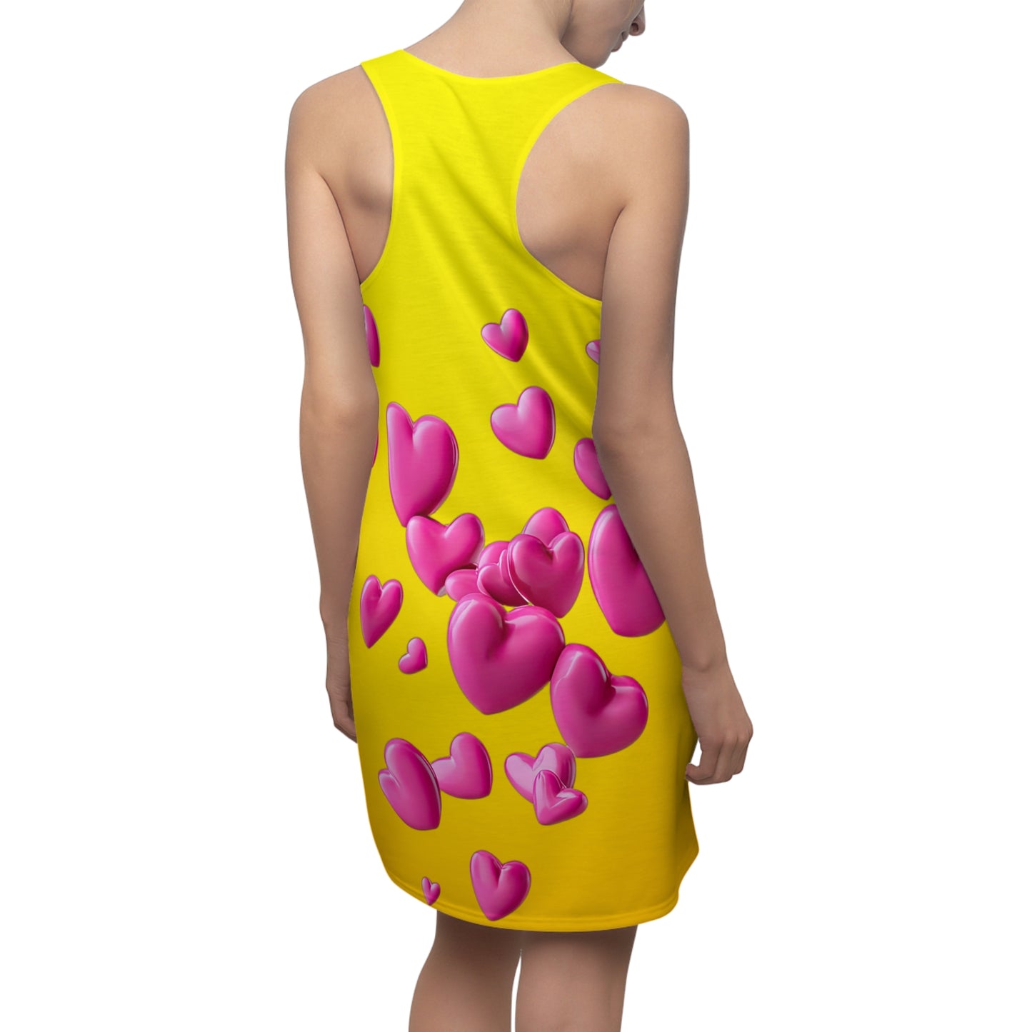 Gelbes Racerback Kleid mit pinken 3D Herzen – Farbverlauf