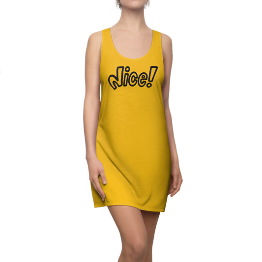 Racerback Damenkleid Sommer – „Nice!“ Statement, modern & lässig gelb