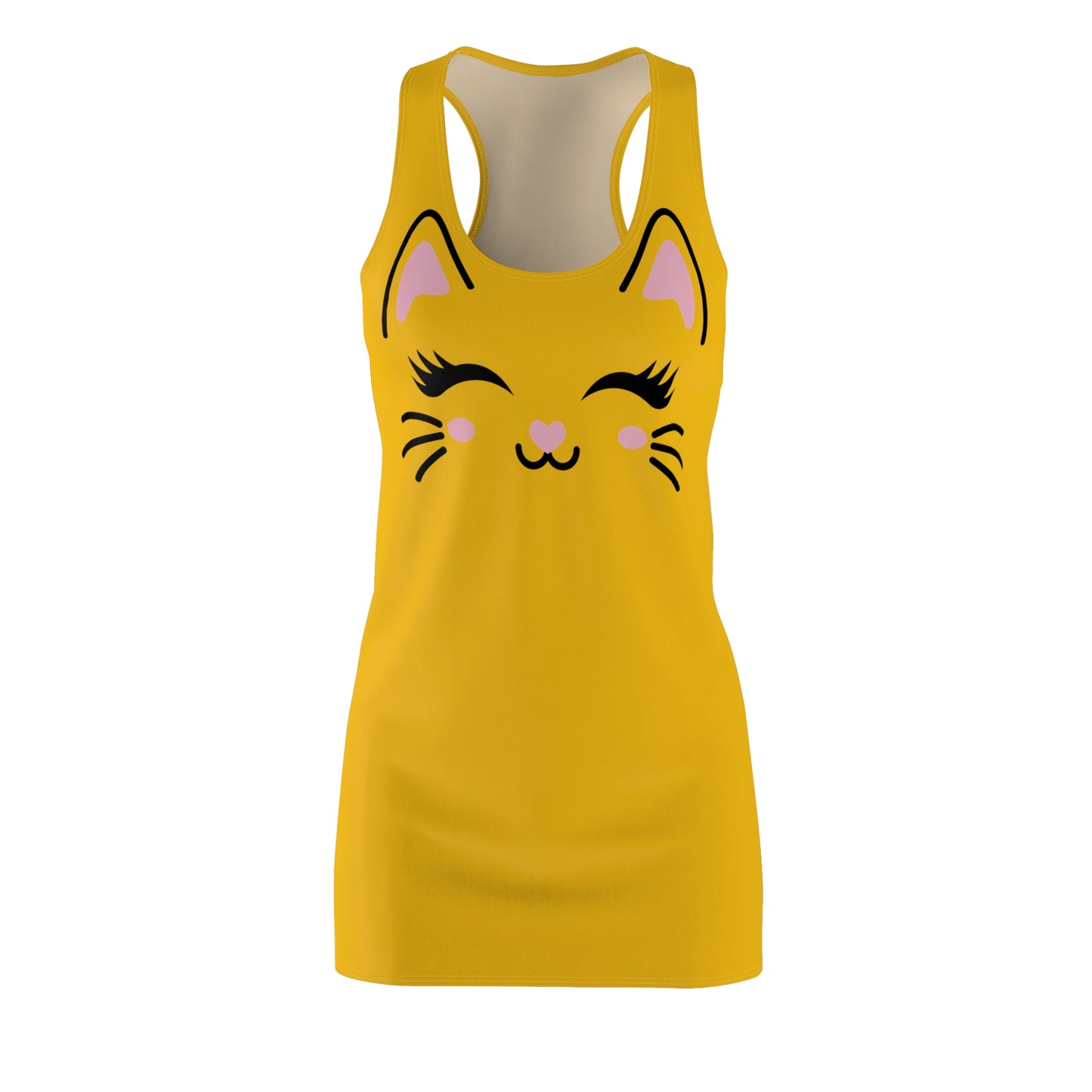 Racerback Kleid mit Cute Katzenmotiv in Gelb