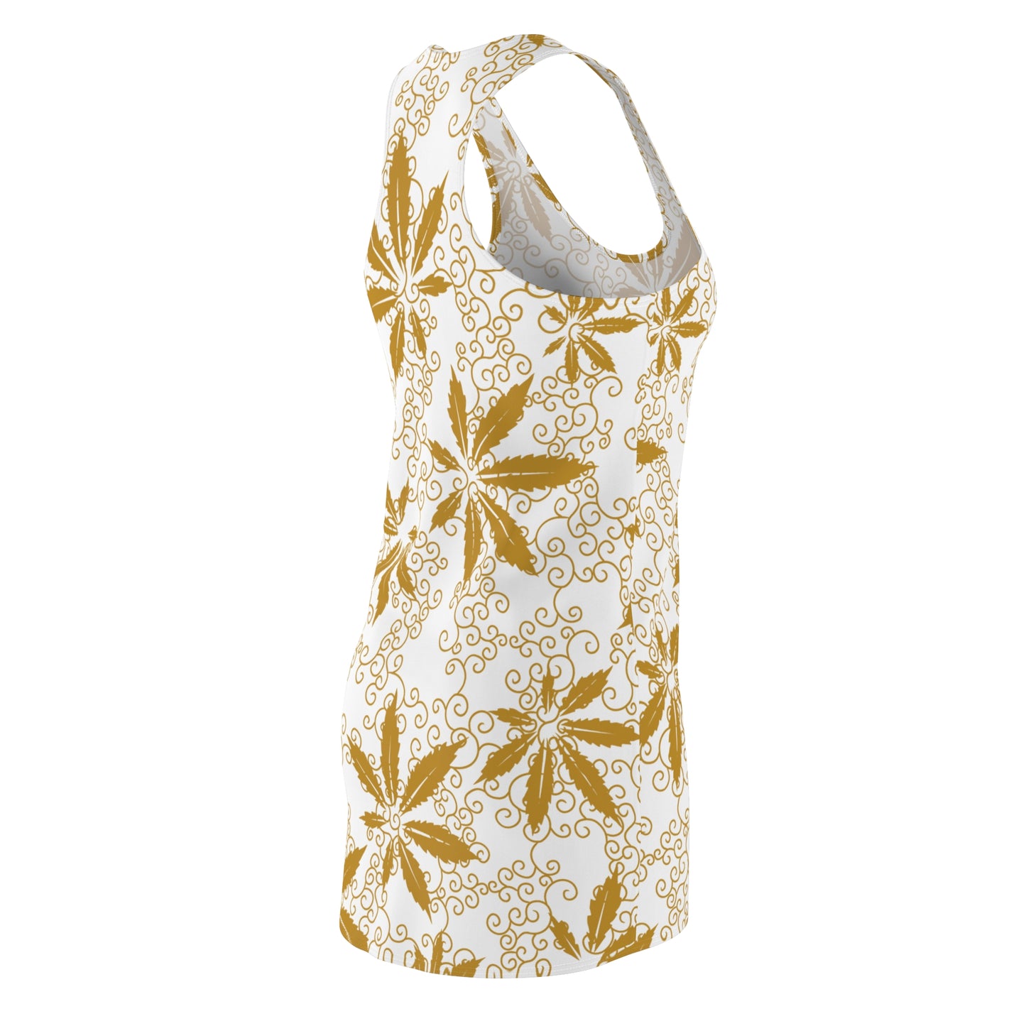 Cannabis Racerback Kleid Damen – Weiß Gold Sommerkleid mit Hanfblättern