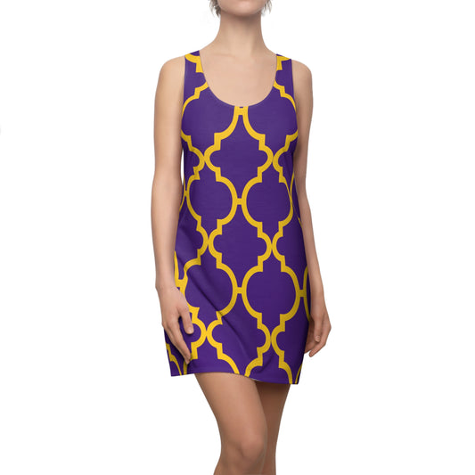 Violettes Racerback Kleid mit gelbem Ornamentmuster