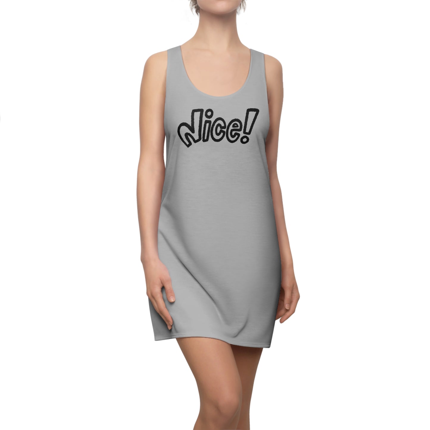 Racerback Damenkleid Sommer – „Nice!“ Statement, modern & lässig grau