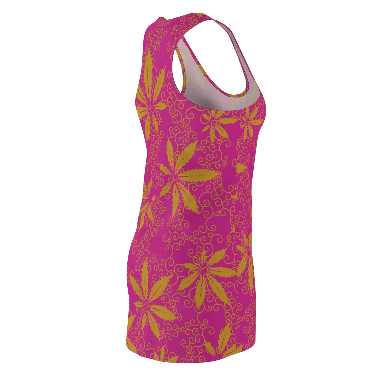 Cannabis Racerback Kleid Damen – Pink Gold Sommerkleid mit Hanfblättern