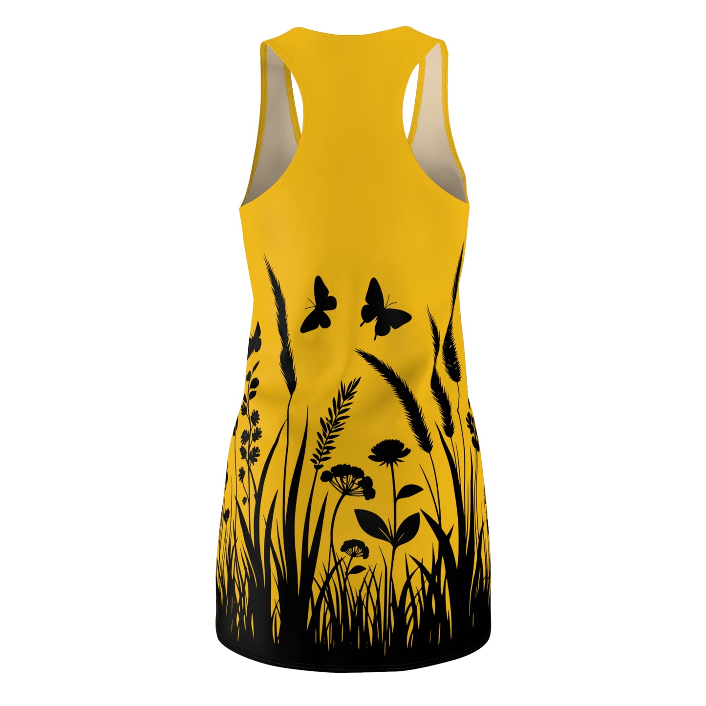 Gelbes Naturmuster Racerback Kleid – Schmetterling & Blumen Design
