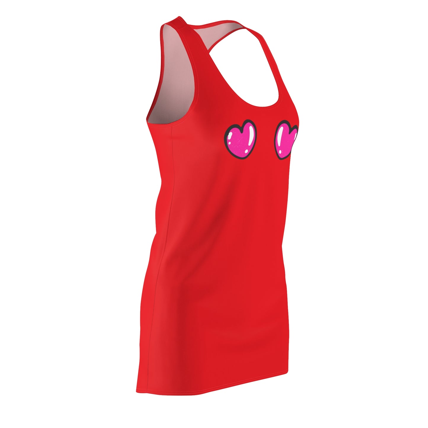 Rotes Racerback Kleid mit pinken Comic Herzen