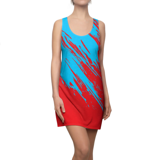 Türkis-Rotes Racerback Kleid mit abstraktem Pinselprint
