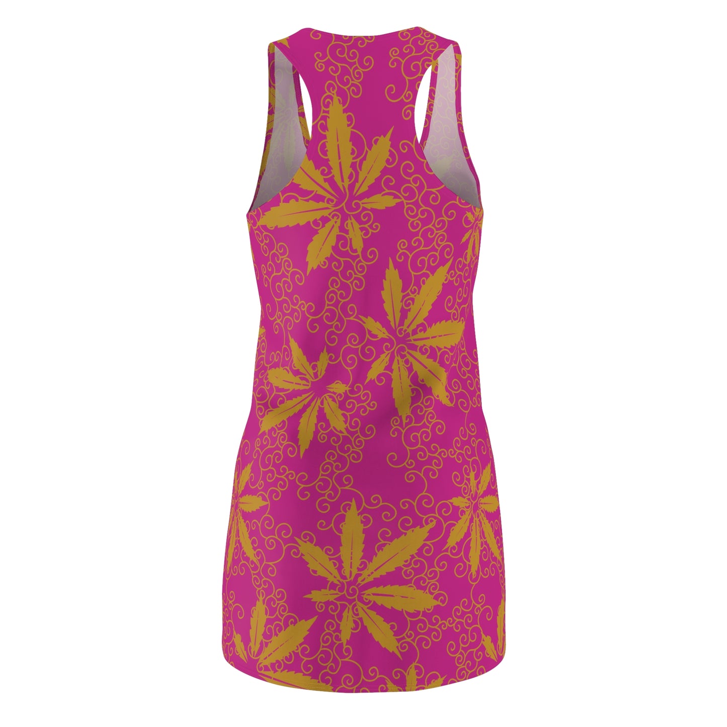 Cannabis Racerback Kleid Damen – Pink Gold Sommerkleid mit Hanfblättern