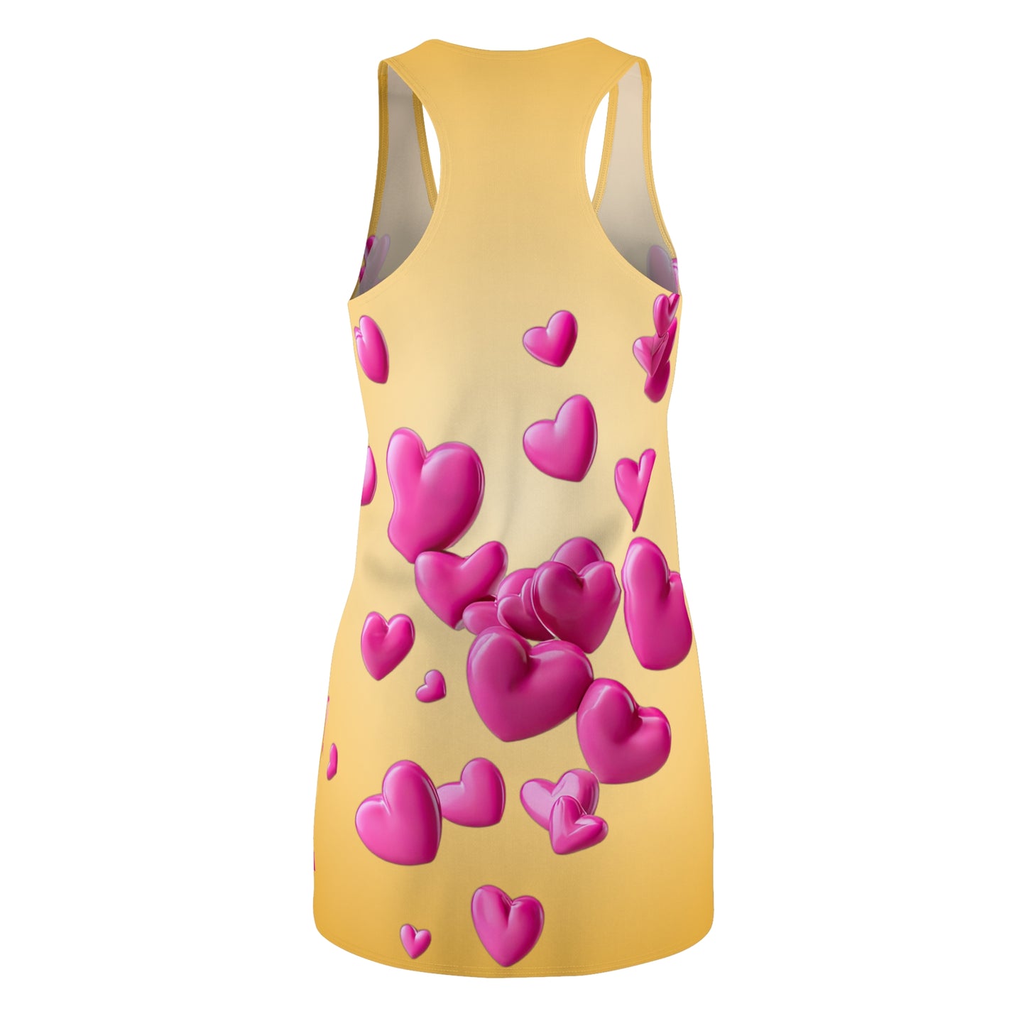 Goldgelbes Racerback Kleid mit pinken 3D Herzen – Farbverlauf