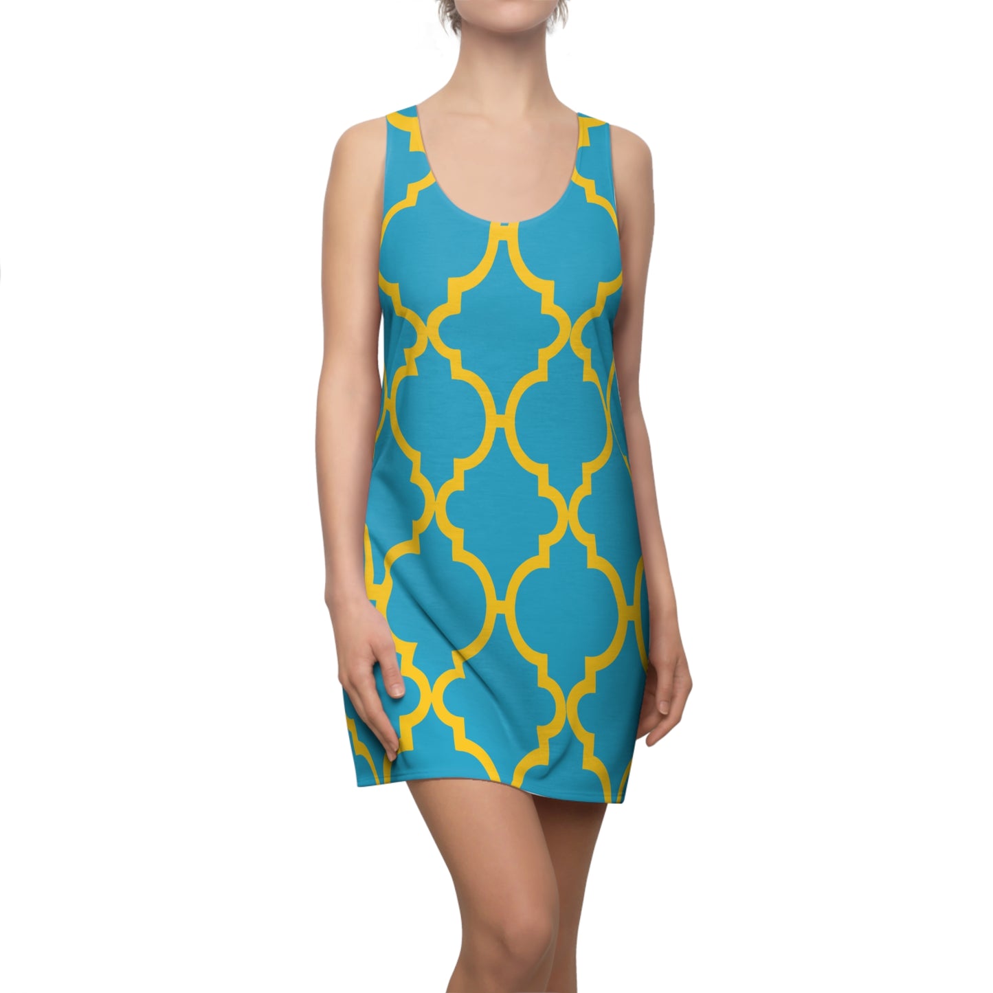 Türkises Racerback Kleid mit gelbem Ornamentmuster