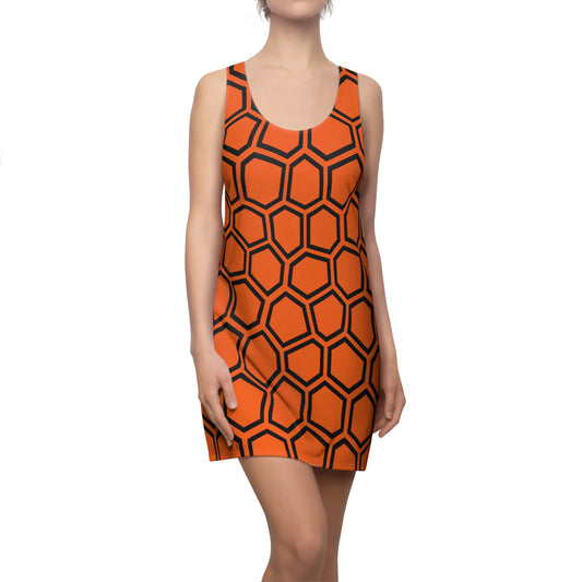 Racerback Kleid Schwarz Orange Hexagon Muster Damen Sommer