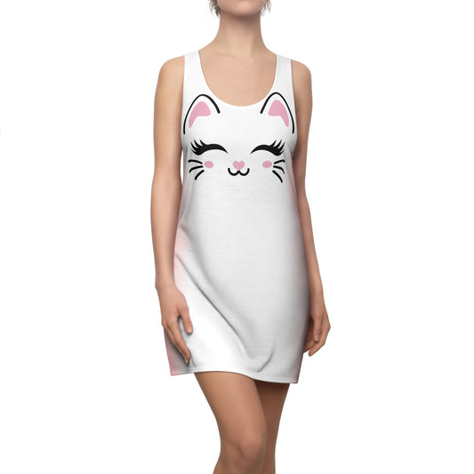 Racerback Kleid mit Cute Katzenmotiv in weiß Farbverlauf