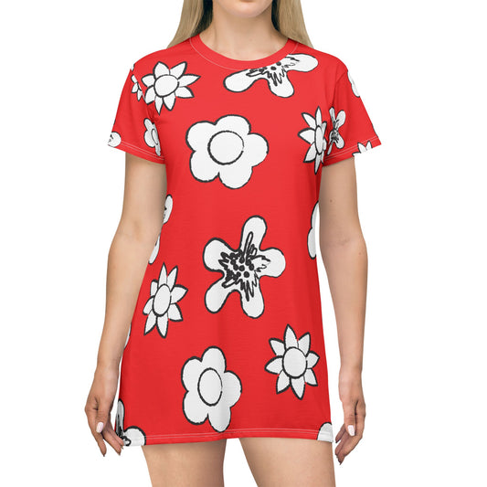 Rotes Damen Kleid Floral T-Shirt Sommer Boho Casual Premium