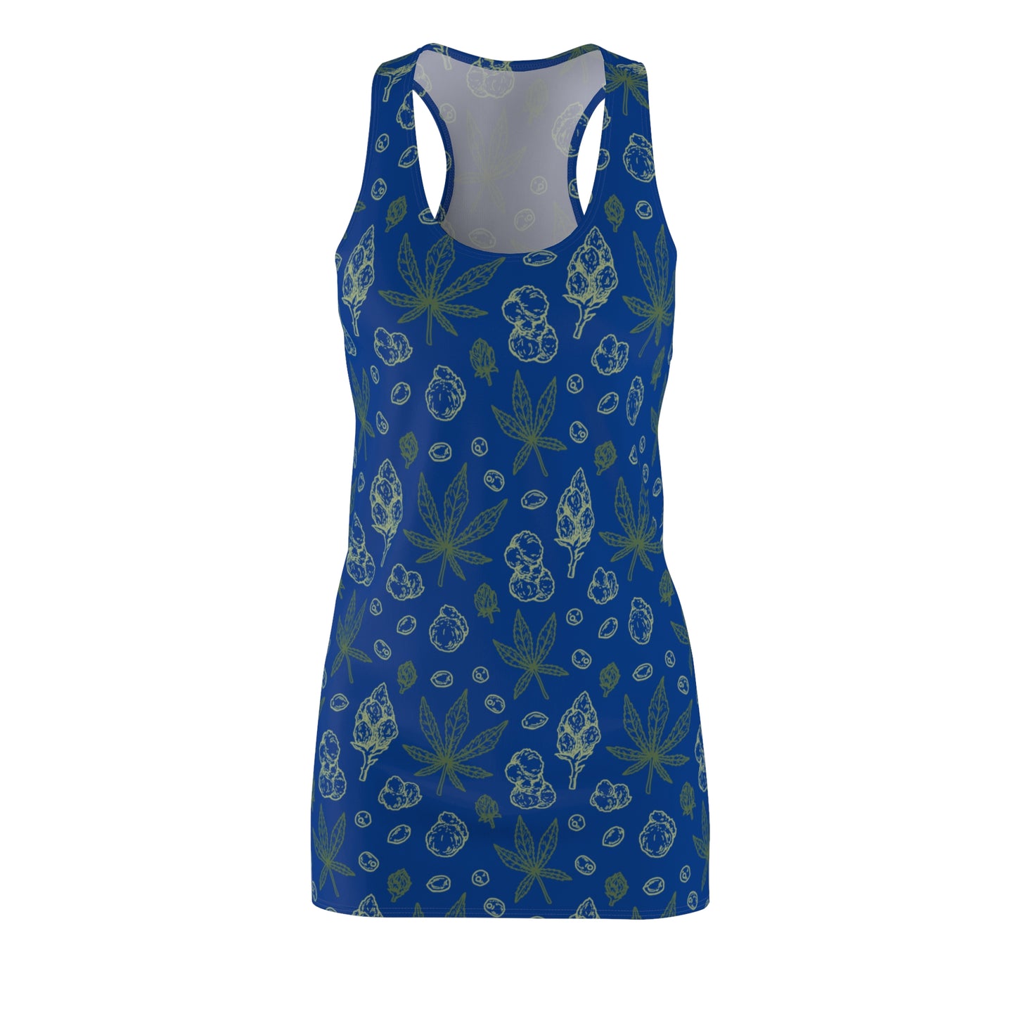 Damen Racerback Kleid blau mit Cannabis Blättern – Sommerkleid