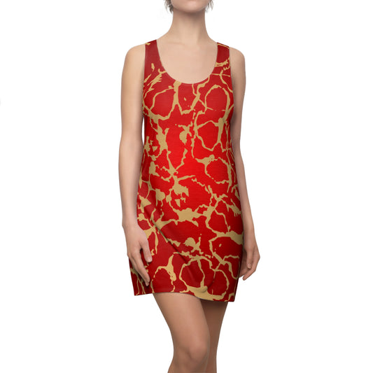 Rotes Damen Sommerkleid mit Farbverlauf und goldenem Muster