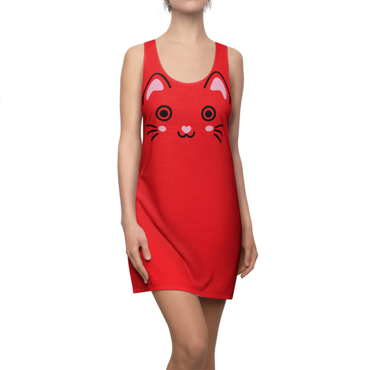Rotes Racerback Kleid mit Kawaii Katzenface Design