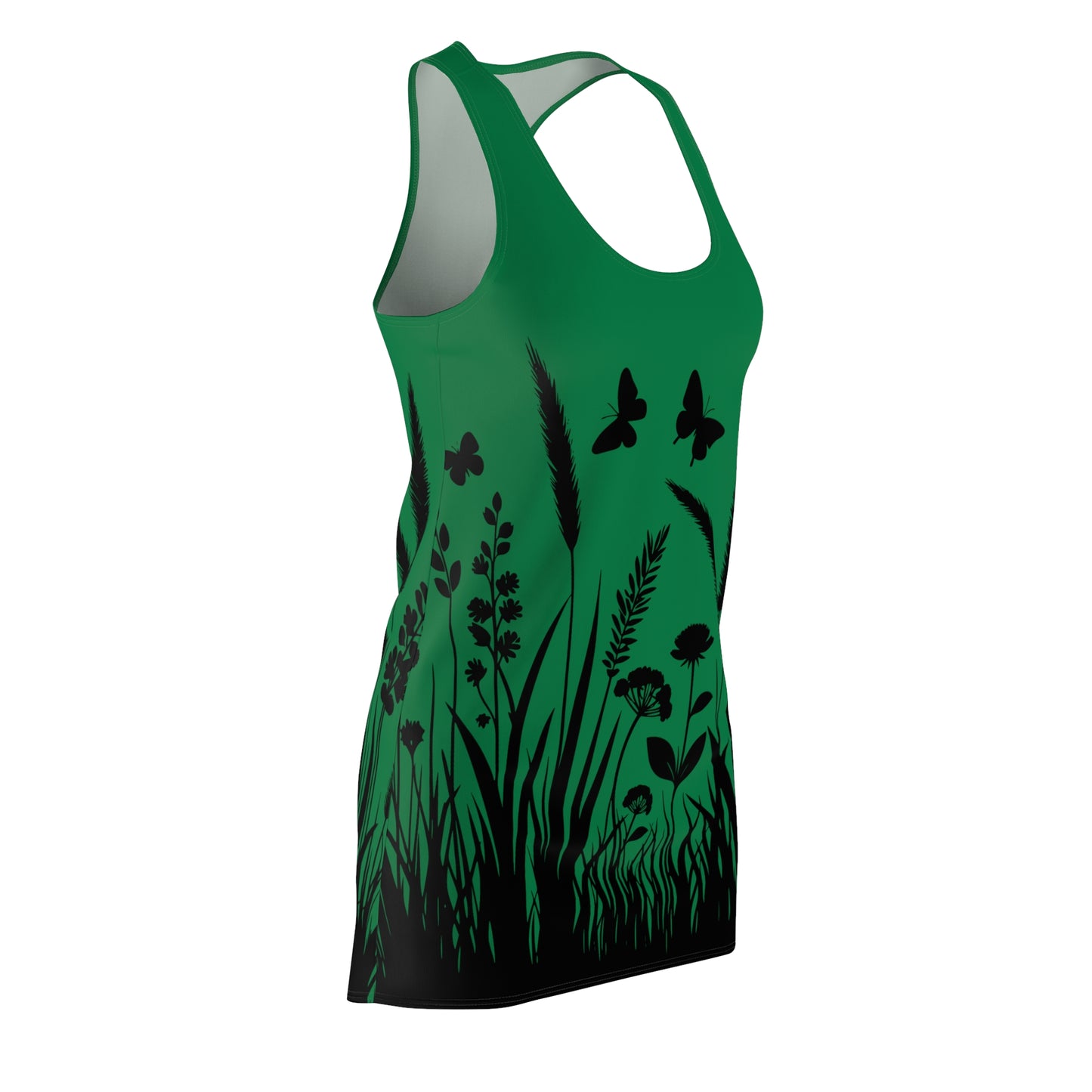 Dunkelgrünes Naturmuster Racerback Kleid – Schmetterling & Blumen Design
