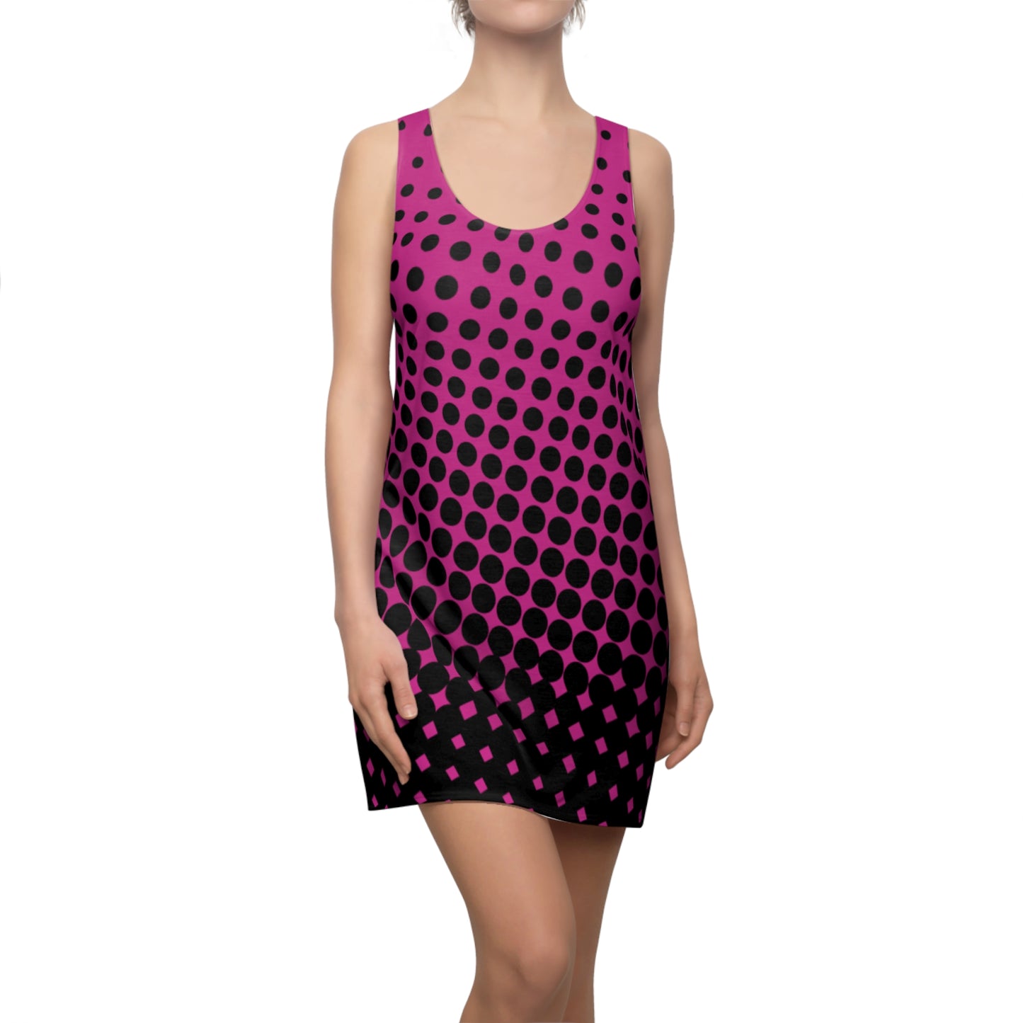 Black and Pink Polka Dot Racerback – Retro Sleeveless Mini Dress