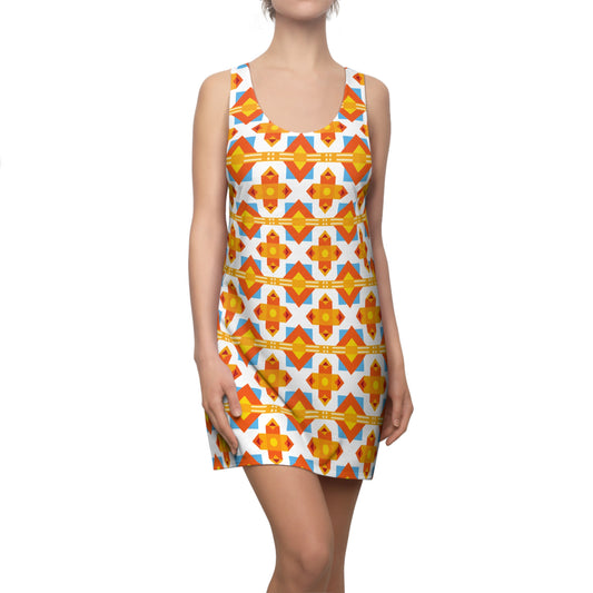 Damen Racerback Kleid gelb weiß mit geometrischem Muster Sommerkleid