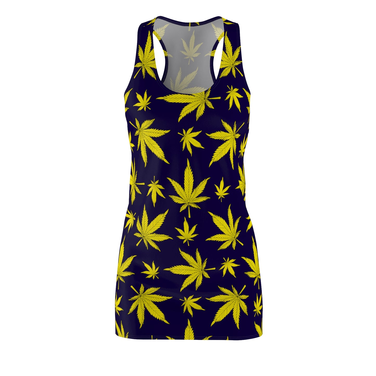 Damen Racerback Kleid Dunkelblau mit Gelben Cannabis Blättern – Sommerkleid