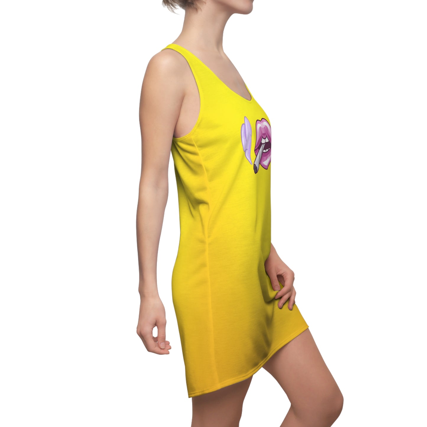 Gelbes Racerback Kleid mit Lippen Joint Print – Trendy Marihuana Sommerkleid
