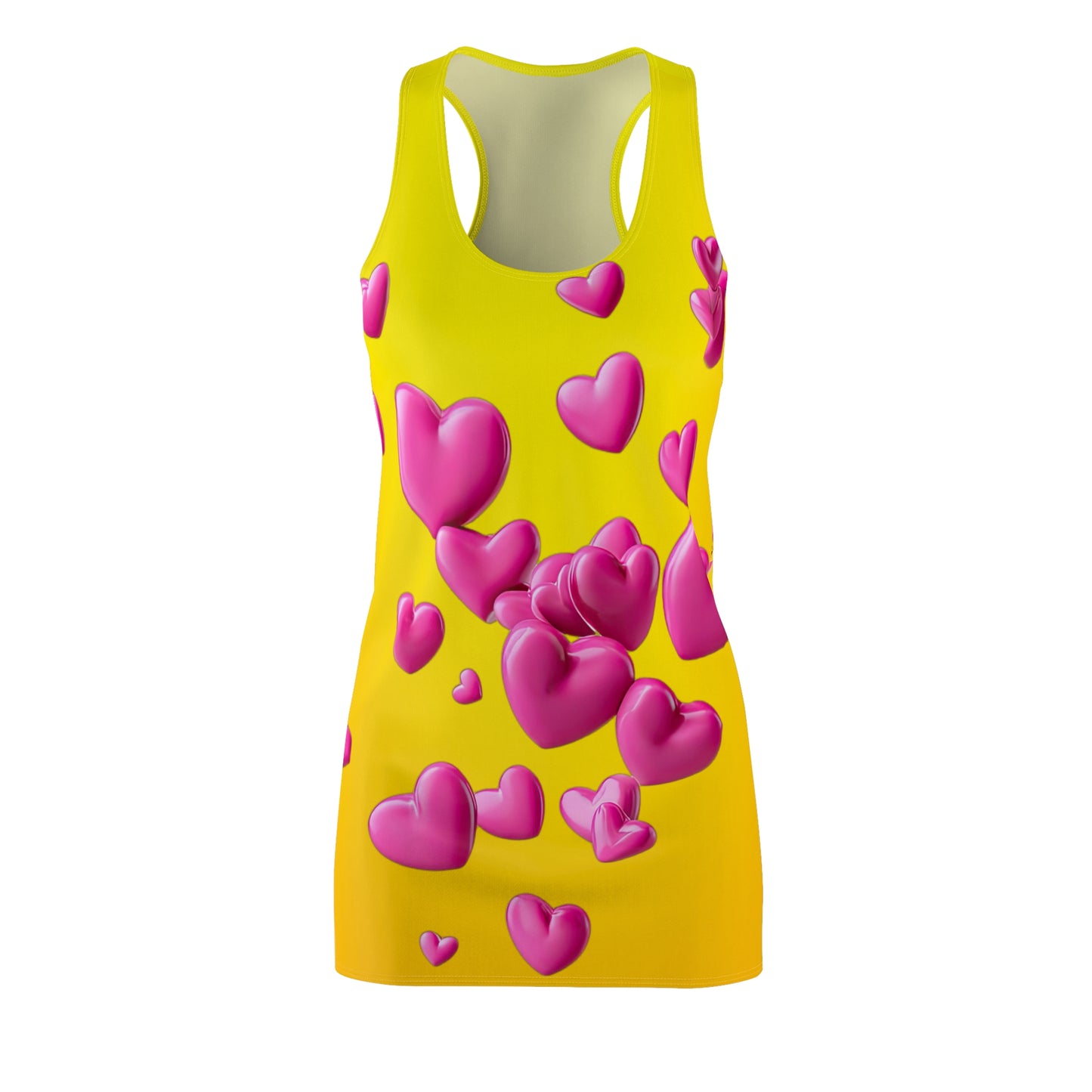 Gelbes Racerback Kleid mit pinken 3D Herzen – Farbverlauf