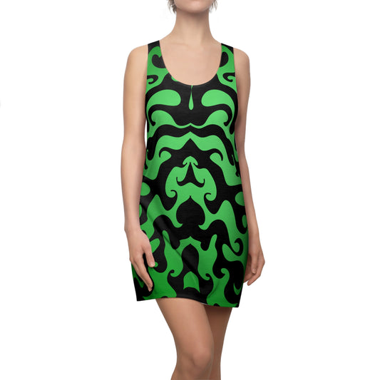 Racerback Kleid mit grafischem Ornamentmuster in Grün-Schwarz