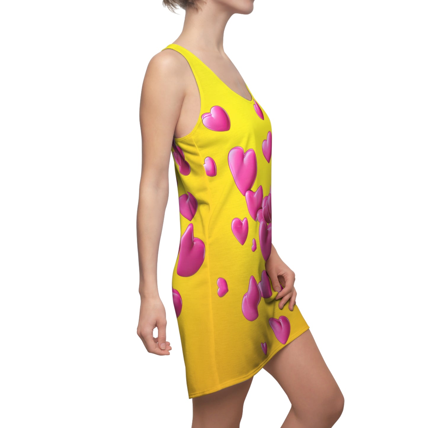 Gelbes Racerback Kleid mit pinken 3D Herzen – Farbverlauf