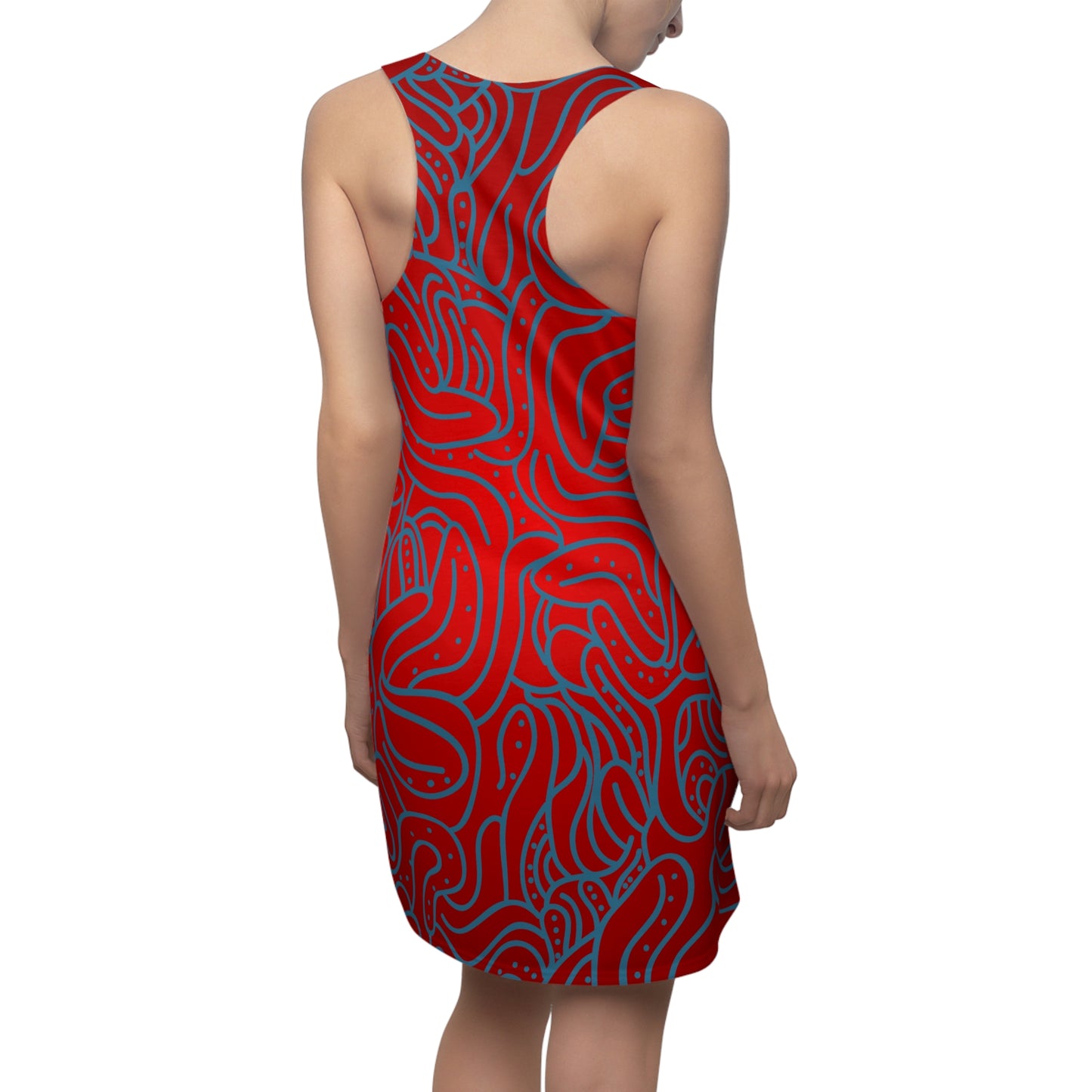 Vibrant Abstract Racerback Dress, Red Summer Dress, Unique Pattern Casual Outfit, Sleeveless Beachwear, Trendy Women’s Fashion