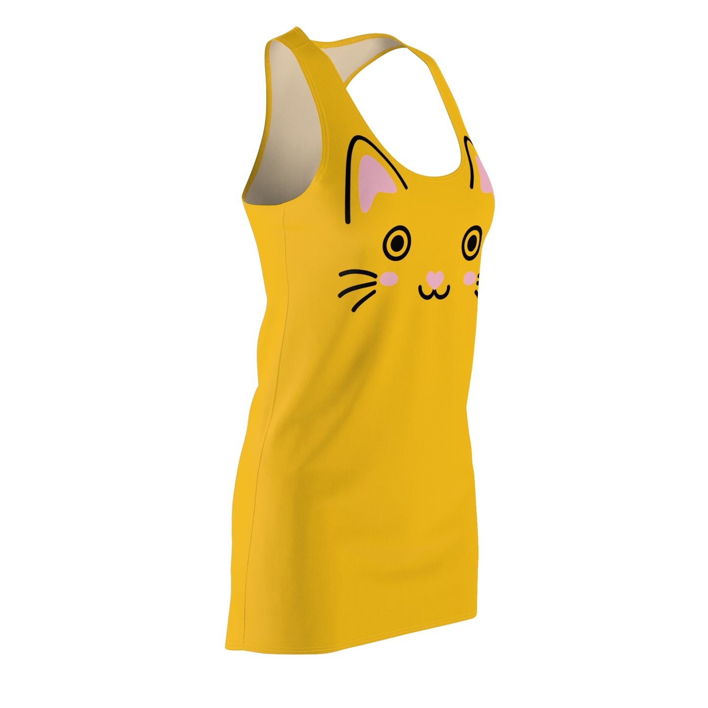 Gelbes Racerback Kleid mit Kawaii Katzenface Design