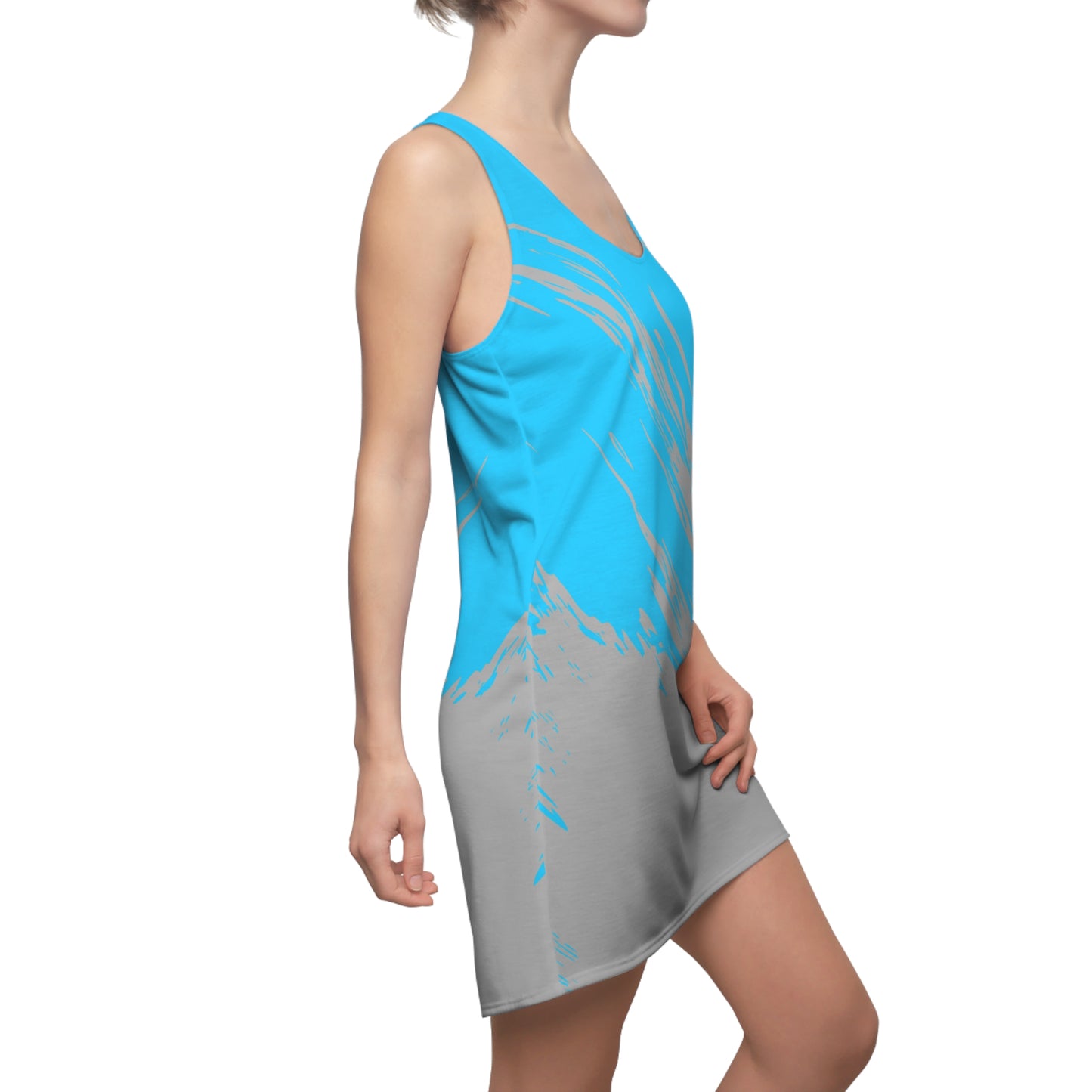 Türkis-Graues Racerback Kleid mit abstraktem Pinselprint